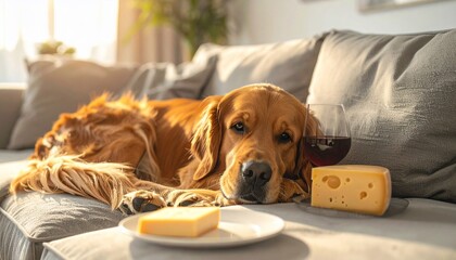 Golden Retriever chilling on a couch with cheese and wine enjoying the indoor sun bathed scene
