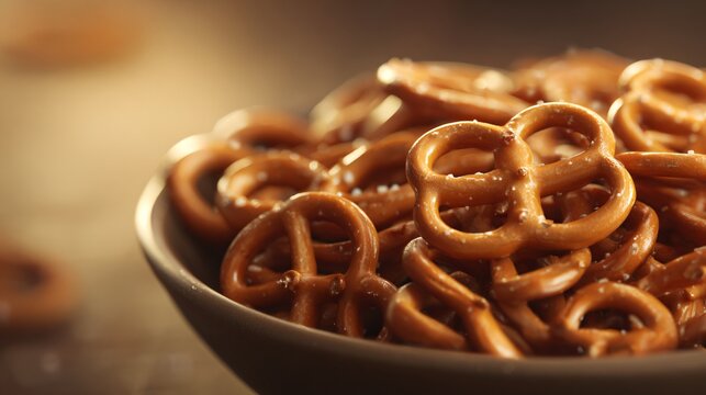 Simple pretzels in ceramic bowl, warm ambient light