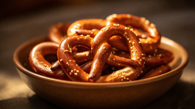 Simple pretzels in ceramic bowl, warm ambient light