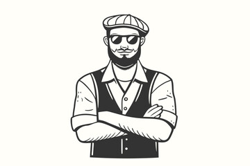 Cartoon man with beard and sunglasses stands confidently with crossed arms, wearing a hat