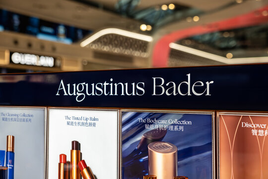 Bangkok \ Thailand - 15 November 2025: Augustinus Bader and Guerlain luxury skincare on display at Suvarnabhumi Airport (BKK) duty-free