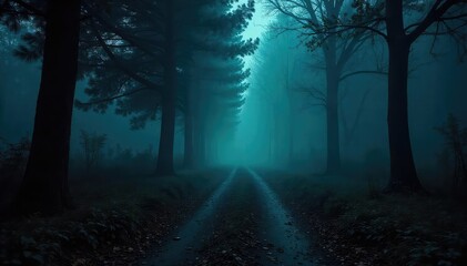Naklejka premium A dimly lit, eerie forest path at night, shrouded in mist and ominous shadows, creating a suspenseful and unsettling atmosphere perfect for horror or thriller projects , eerie, shadows