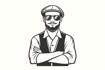 Confident man with a beard and cap stands with crossed arms, showcasing vintage style