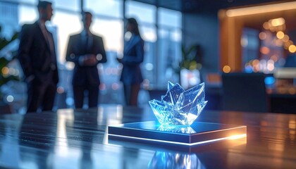 Crystal innovation trophy glowing on boardroom table as executives discuss future strategy at dusk in a global financial city skyline