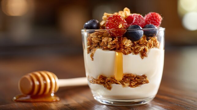 Yogurt parfait with granola and honey, balanced neutral tones - Powered by Adobe