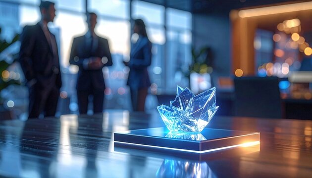 Crystal innovation trophy glowing on boardroom table as executives discuss future strategy at dusk in a global financial city skyline - Powered by Adobe