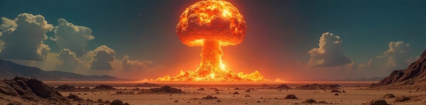 A mushroom cloud rises from a desolate landscape, the aftermath of a nuclear detonation The image depicts destruction and the devastating power of nuclear weapons , hazard, disaster, destruction