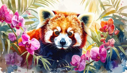 A detailed artwork captures a red panda within lush plants to represent endangered species. It shows global focus on habitat protection and animal diversity