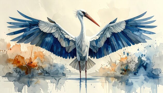 Majestic white heron with blue wing spread over calm lake reflecting sunrise hope migration and fresh start in northern wetland