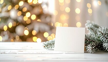 Blank holiday card on snowy fir branch with warm lights soft winter scene for christmas greeting invitation or seasonal sales background