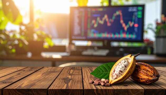 Fresh cocoa pods and beans placed on wooden table with computer monitor showing stock trading chart in background representing agricultural investment and commodity market for chocolate industry
