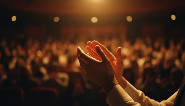 Audience clapping hands in theater with warm lighting celebrating performance success creativity and artistic expression in cultural entertainment event