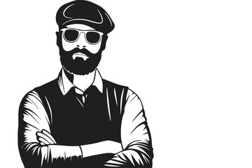 Confident Caucasian man sports a newsboy cap, beard, and sunglasses with arms crossed