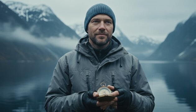 Explorer holding vintage compass by cold fjord mountains in overcast light symbolizing life direction choice and sustainable adventure travel trend in nordic landscape