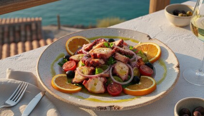 mediterranean octopus salad served by sea capturing coastal cuisine culture vacation feeling and summer food trend with fresh produce