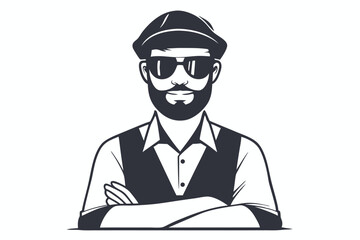 Confident Caucasian man with a beard and flat cap crosses his arms boldly