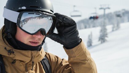 A skier adjusting goggles illustrates winter adventure concepts, mountain travel and active cold season recreation. The visual fits alpine destinations, snow sport events and outdoor exploration