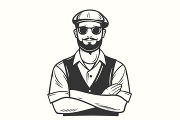 Bearded man with sunglasses, a cap and vest crosses arms confidently in monochrome