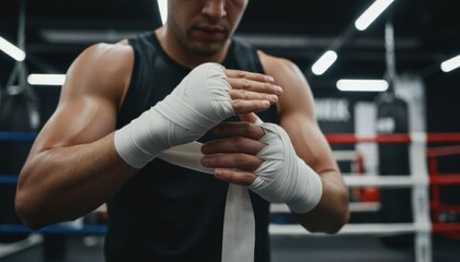 Focused boxer wrapping hands before training representing discipline and fight sport culture in dim boxing gym before evening sparring session