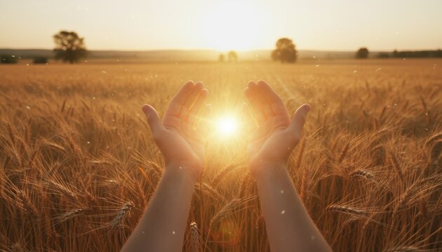 Hands reaching toward sunlight above a wheat field capture themes of harvest rural life and gratitude. This image suggests agricultural cycles hope and nature connection in golden hour landscape - Powered by Adobe