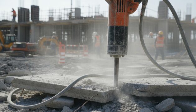 Jackhammer breaking concrete slab on dusty city construction site symbolizing urban renewal and noisy progress on modern infrastructure in summer daylight