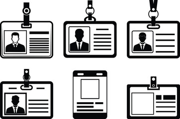 ID badge and name tag icons set &ndash; employee identification card with lanyard, access pass template vector