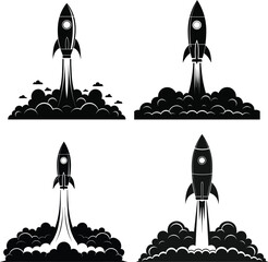 Rocket launch icons set &ndash; startup growth concept, spaceship blasting off with smoke clouds &ndash; black vector