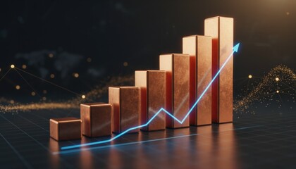 Rising copper bar chart with neon line symbolizing bullish stock market trend and global tech investment boom in digital era finance hub like new york at night