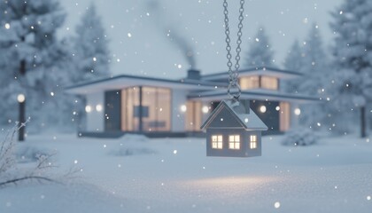 Snowy evening at modern Scandinavian house with glowing home pendant symbolizing winter holiday warmth, family reunion and secure smart real estate lifestyle