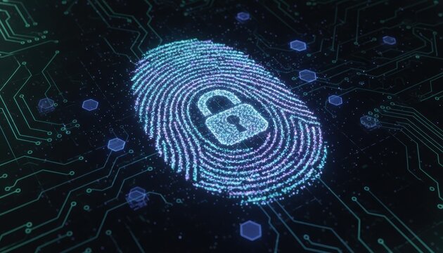 Glowing digital fingerprint with padlock icon on a circuit board represents biometric security data privacy and cyber defense in a futuristic global network