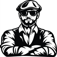 Confident caucasian man with beard, sunglasses, and cap stands with arms crossed looking forward