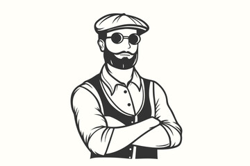 Confident mustached man wearing round sunglasses and newsboy cap has arms crossed