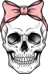 Human skull with pink bow, feminine gothic design, edgy fashion illustration, stylish macabre art, anatomical skull vector, flat vector illustration