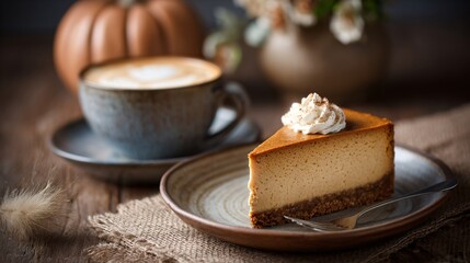 Pumpkin cheesecake slice and cup of cappuccino, calm cozy scene