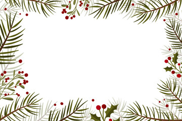 Christmas Floral Frame with Pine Branches and Red Berries - Holiday Border Illustration