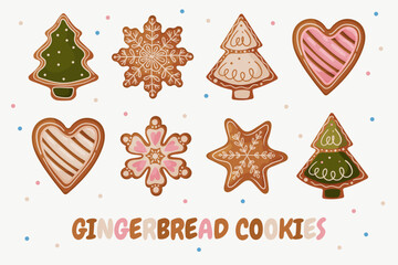 Gingerbread Cookies Set - Christmas Tree, Snowflakes and Heart Shapes Illustration