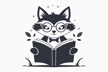Cute fox wearing glasses and bow tie attentively reads a book in monochrome