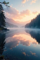 Serene lake at dawn, mist clinging to the water's surface, reflecting the soft morning light Tranquil scene perfect for relaxation and peaceful backgrounds , serenity, outdoors, lake