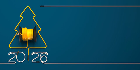 A symbolic Christmas tree laid out of a cable and a coil. Creative 2026 New year template on a power engineering theme.