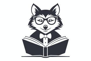 Isolated wolf reads an open book while wearing glasses and a bow tie