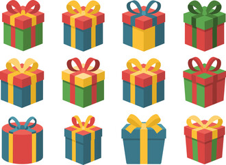 Colorful gift box icons collection, Christmas present illustrations, flat design holiday wrapping, birthday packages, festive vector elements, party surprise graphics