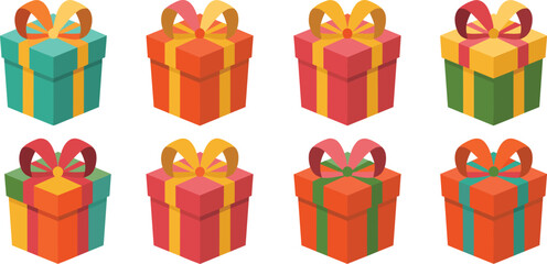 Colorful gift box set with ribbon bow, flat vector icons for Christmas, birthday celebration, holiday shopping and party design illustration