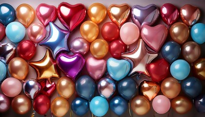Assortment Of Colorful Balloons In Round Heart And Star Shapes