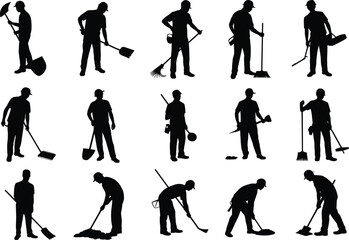 Obraz premium Construction workers silhouette set with tools, shovel rake broom hammer scraper, isolated black vector figures for labor and cleaning concept illustration