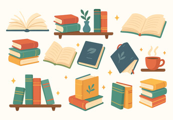 Cozy Books and Coffee Illustration Set &ndash; Stacked Books, Book Shelf, Reading Icon, Warm Cup, Vintage Library Clipart