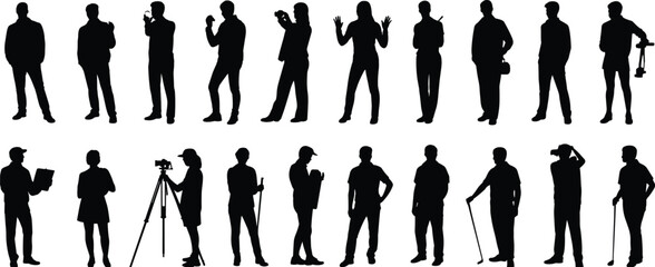 People silhouette collection, photographers and workers in action poses, standing men and women characters, professional lifestyle black vector illustration set
