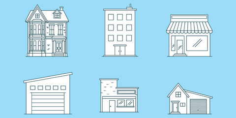 Victorian house, apartment building, retail shop, garage warehouse, commercial office, suburban home, architecture set, urban design, flat vector illustration