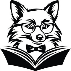 Fox with glasses and bow tie enjoys reading an open book in monochrome
