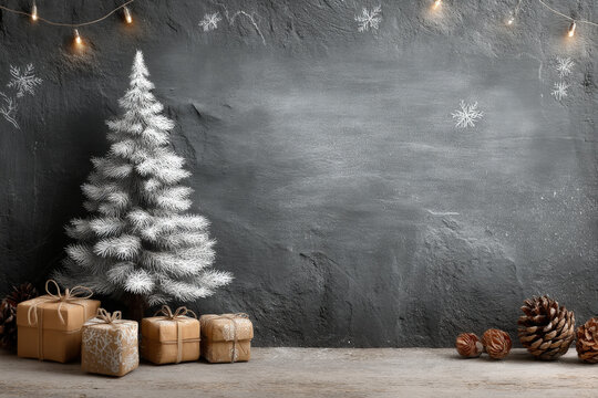 Minimalistic white hand-drawn Christmas tree and gifts on matte chalkboard wall - Powered by Adobe