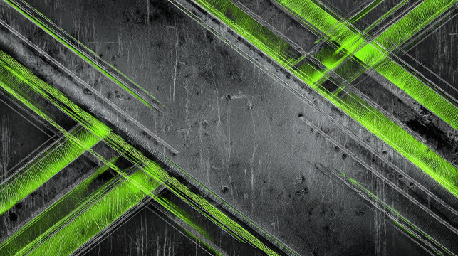 Futuristic industrial cyberpunk background with layered gunmetal rails and glowing green edges
